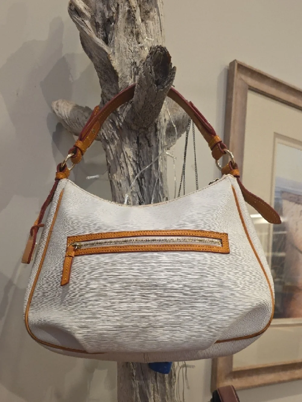 Dooney & Bourke Cream Shoulder Bag with Tan Trim and Brown Strap